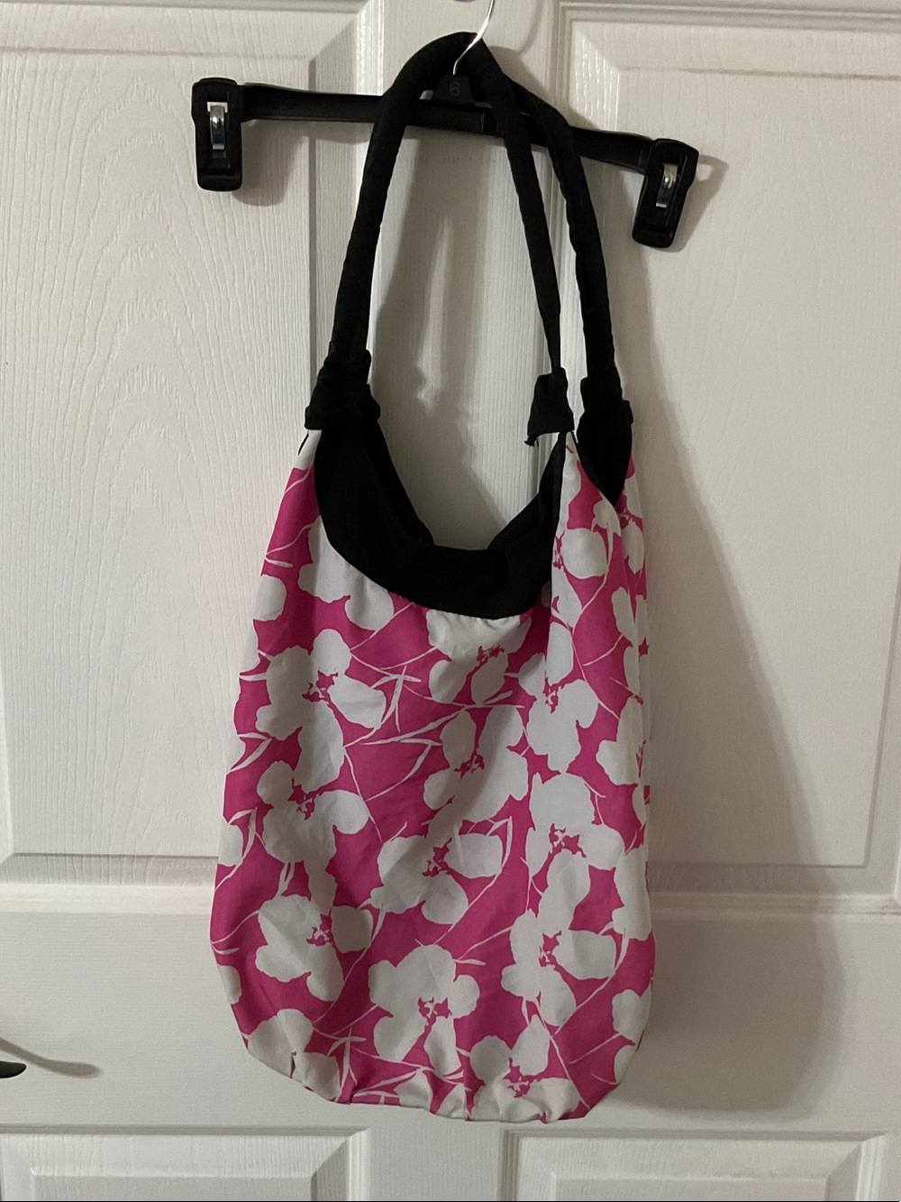 Women's Pink Floral Microfiber Tote Bag with Black Handles